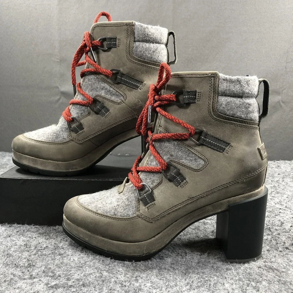 Sorel Blake Boots Womens 9 Gray Leather Felt Lace Up Ankle Block Heel NL3305-052